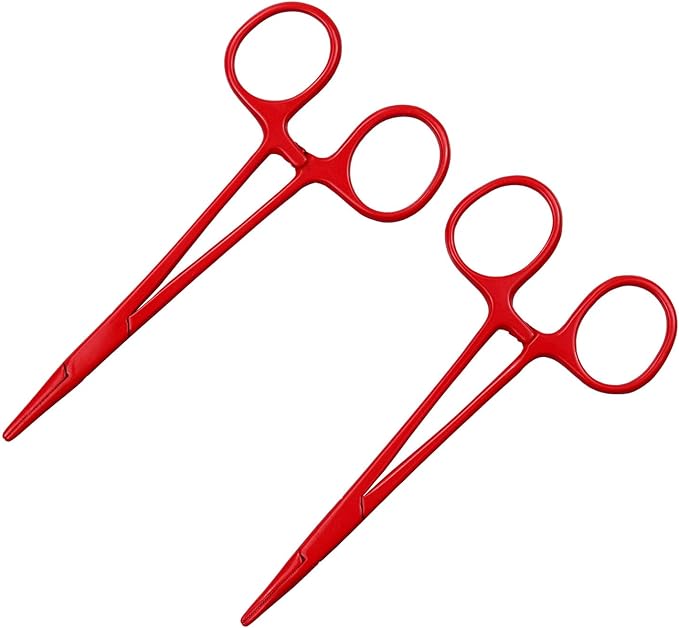 Pet Colourful Stainless Steel Hemostat Hemostatic Forcep,Pet Ear Hair Pull Forcep,Bend Head and Straight Head kit (Red)