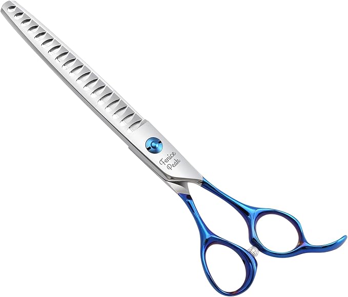 Fenice Peak Grooming Scissors for Dogs 7 inch Chunker Pet Grooming Scissors Ergonomically Designed Blue Handles Ideal Dog Shears for Precise Trimming Easy Use.