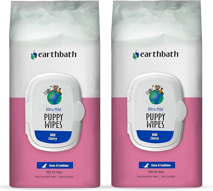 earthbath, Ultra-Mild Wild Cherry Puppy Wipes - Dog Wipes for Paws and Butt, Best Pet Wipes for Dogs & Puppies, Made in USA, Cruelty-Free Dog Cleaning Wipes - 100 Count (2 Pack)