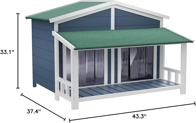 KELRIA 47.2" Dog House, Waterproof Dog Kennel, Wooden Outdoor and Indoor Dog House, Log Cabin Style with Porch,Elevated Floor, 2 Doors, Pine Wood + Green