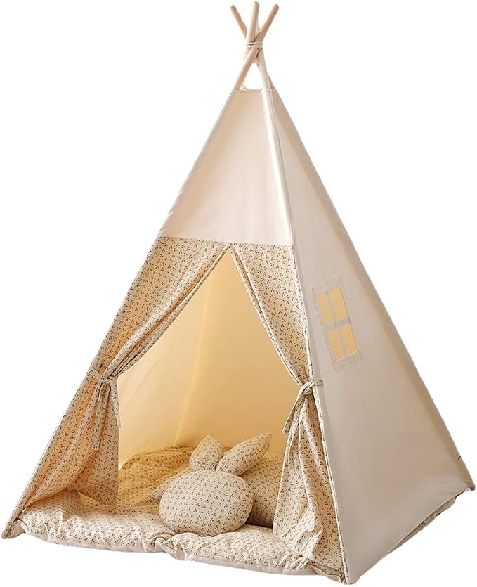 Teepee Tent for Kids with Mat,Foldable Play Tents for Girl and Boy with Carrybag,Canvas Tipi Playhouse for Children Indoor Outdoor(Beige & Mat)