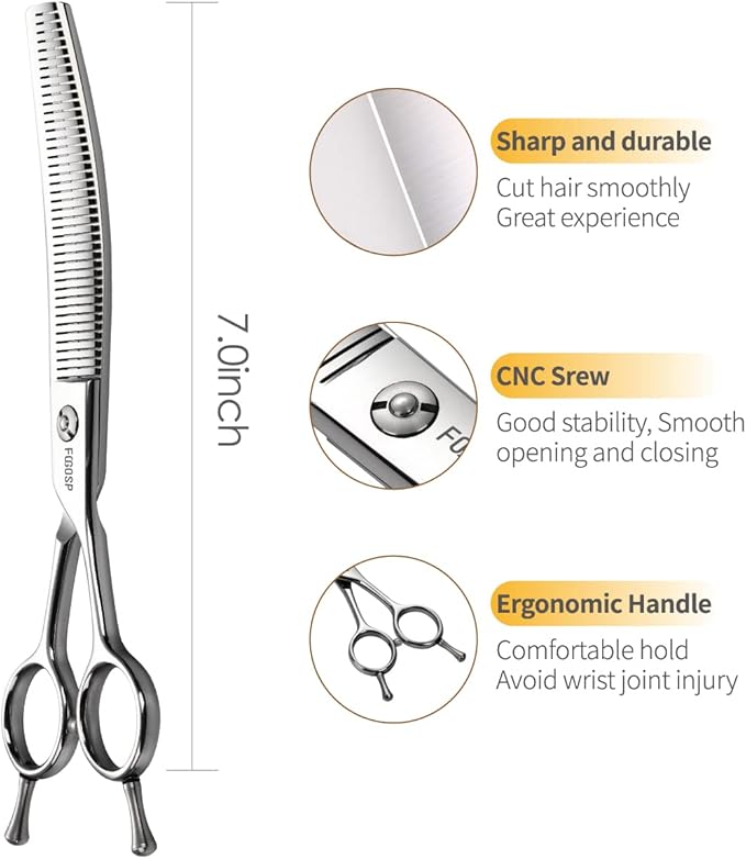 Curved Thinning Shears 7'' Fluffers Scissors Professional Grooming Shears for Dogs Japan 440C 50% Thinning Rate 42 Teeth (Polish)