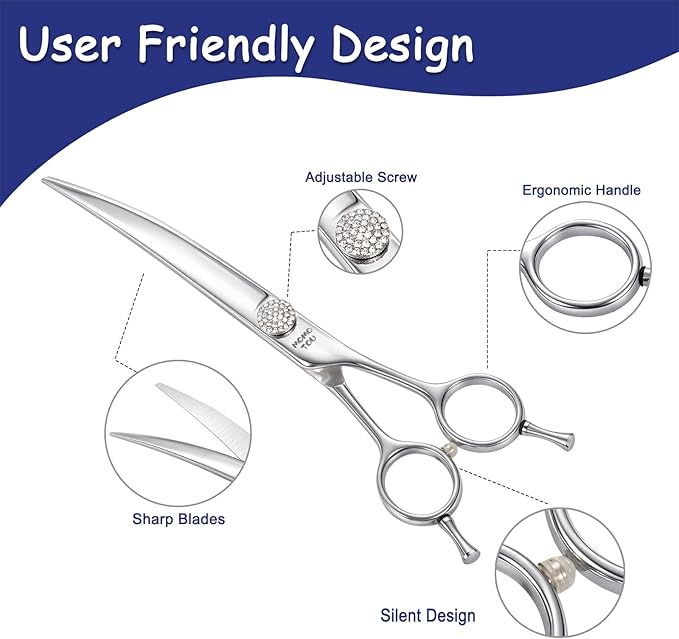 Professional Curved Dog Grooming Scissors with Simulation Diamond 440C Stainless Steel Polished Pet Cat Hair Cutting Shears for Groomers and Home users 7.5''