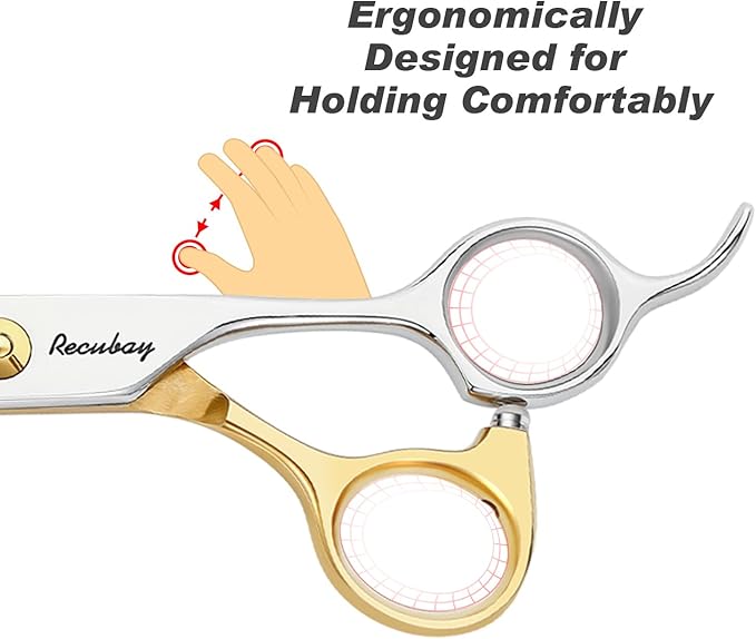 Dog Cat Scissors for Grooming, Pet Shears for Thick Coats and Matted Hair, Thinner Curved Straight Chunker Stainless Steel Shears (7.0" Straight Gold-Silver)