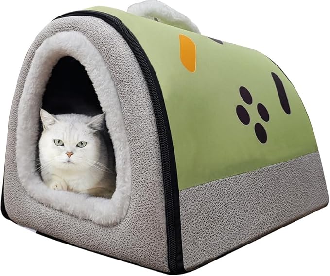 Cat Bed or Dog Bed,2 Ways to Use,Indoor Pet House with Fluffy Mat,Removable and Washable Cover,Splash-Proof House and Non-Slip Bottom,for Cats and Small Dogs(S Light Green & Gray)