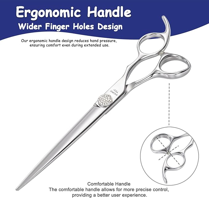 Professional Straight Dog Grooming Scissors with Simulation Diamond 440C Stainless Steel Polished Pet Cat Hair Cutting Shears for Groomers and Home users 7''