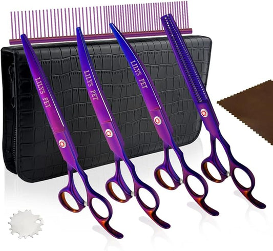 LILYS PET Professional PET DOG Grooming Coated Titanium scissors suit Cutting&Curved&Thinning shears (7.5 inches, Purple)…