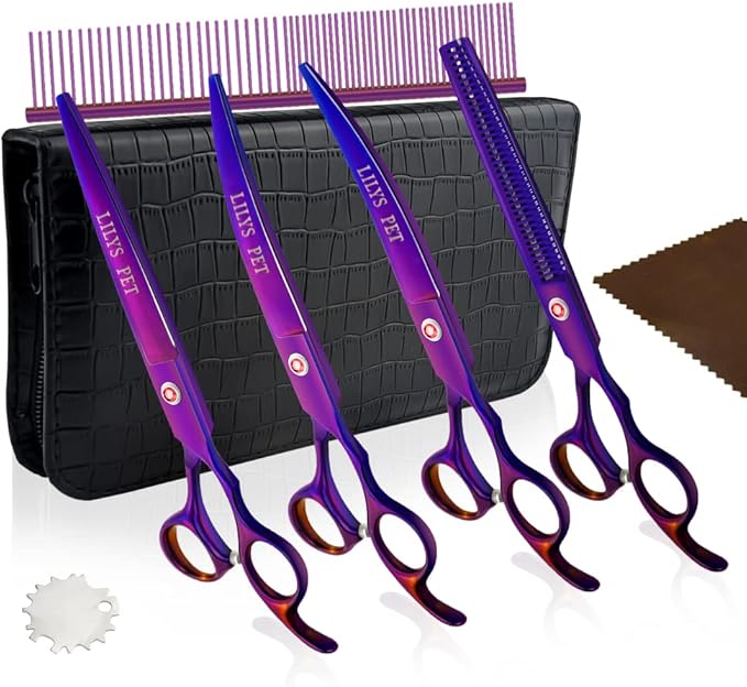 LILYS PET Professional PET DOG Grooming Coated Titanium scissors suit Cutting&Curved&Thinning shears (7.0 inches, Purple)…