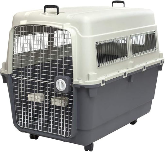 SportPet Designs Plastic Kennels Rolling Plastic Airline Approved Wire Door Travel Dog Crate, XXX-Large, Gray
