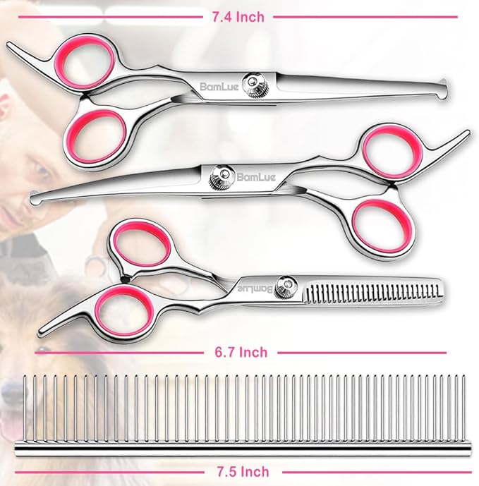 Bamlue 6 in 1 Professional Stainless Steel 4CR Safety Round Tip Dog Grooming Scissors, Anti-Rust Shears Cat Grooming Scissors Pet Kit, Thinning Straight Comb for Long Short Hair-Pink