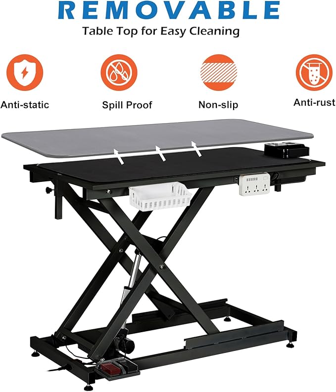 Professional Electric Dog Grooming Table Heavy Duty Pet Grooming Table Height Adjustable w/Leveling Wheels, Dog Grooming Arm, Anti Slip Tabletop &Tool Organizer, Dog Grooming Station 50" Black
