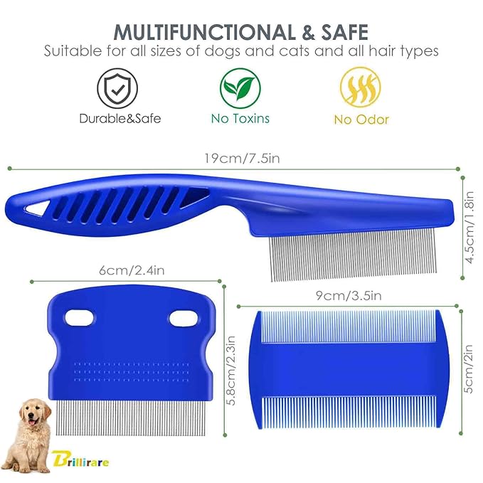 3 Pack Dog Grooming Comb, Flea Lice Pet Combs, Stainless Steel Cat Combs with Rounded Teeth, Double Sided Professional Tear Stain Remover, Dematting Tool for Small Medium Large Pets
