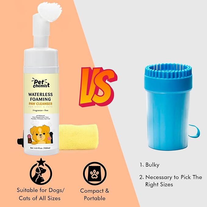 Dog Paw Cleaner 6.8Oz, Waterless Foaming Shampoo Paw Cleanser for Dogs, Cats, Foot Cleaner Brush, with 3 Silicone Brush & 1 Microfiber Absorbent Towel, Gentle, Fragrance-Free