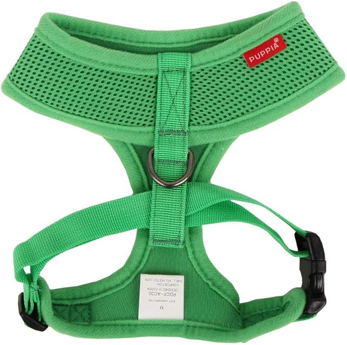 Puppia Soft Dog Harness No Choke Over-The-Head Triple Layered Breathable Mesh Adjustable Chest Belt and Quick-Release Buckle, Green, Medium