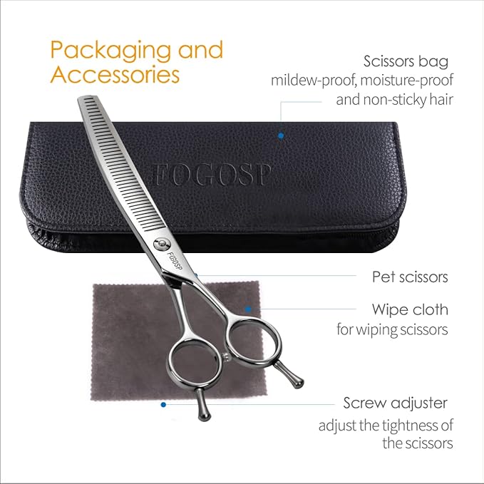 Curved Thinning Shears 7'' Fluffers Scissors Professional Grooming Shears for Dogs Japan 440C 50% Thinning Rate 42 Teeth (Polish)