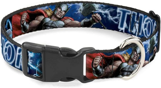 Marvel Comics Pet Collar, Dog Collar Plastic Buckle, Avengers Thor Hammer Action Pose Galaxy Blues White, 7 to 8.5 Inches 0.5 Inch Wide