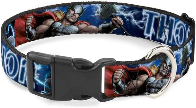 Dog Collar Plastic Clip Avengers Thor Hammer Action Pose Galaxy Blues White 9 to 15 Inches 0.5 Inch Wide