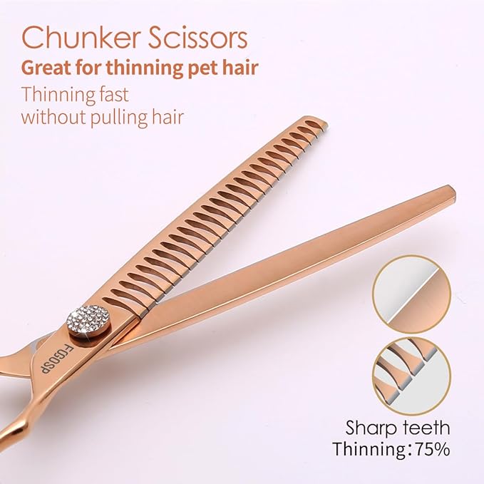 Rose Gold Titanium Dog Grooming Scissors Set 4PCS Curved Thinning Straight Chunkers Shears Kit with White Artificial Diamonds Ergonomic Offset Handle Japan 440C Sharp and Durable