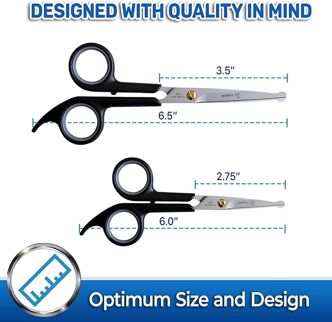 Pet Magasin Japanese Stainless Steel Grooming Scissors (2) for Facial Hair and Larger for Body Trimming with Round Tip (Black)
