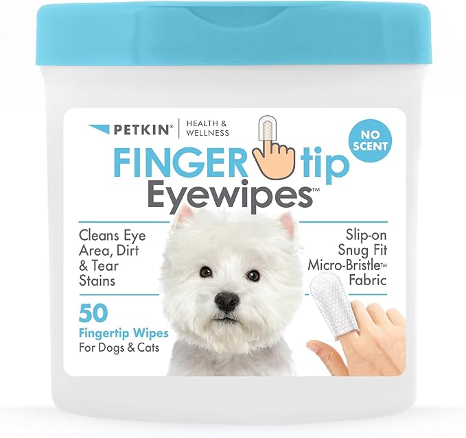 Petkin Fingertip Eye Wipes for Dogs and Cats, 50 Finger Wipes - Slip-On, Snug Fit, Micro-Bristle Fabric - Cleans Eye Area, Dirt and Tear Stains - Convenient, Ideal for Home and Travel - No Scent