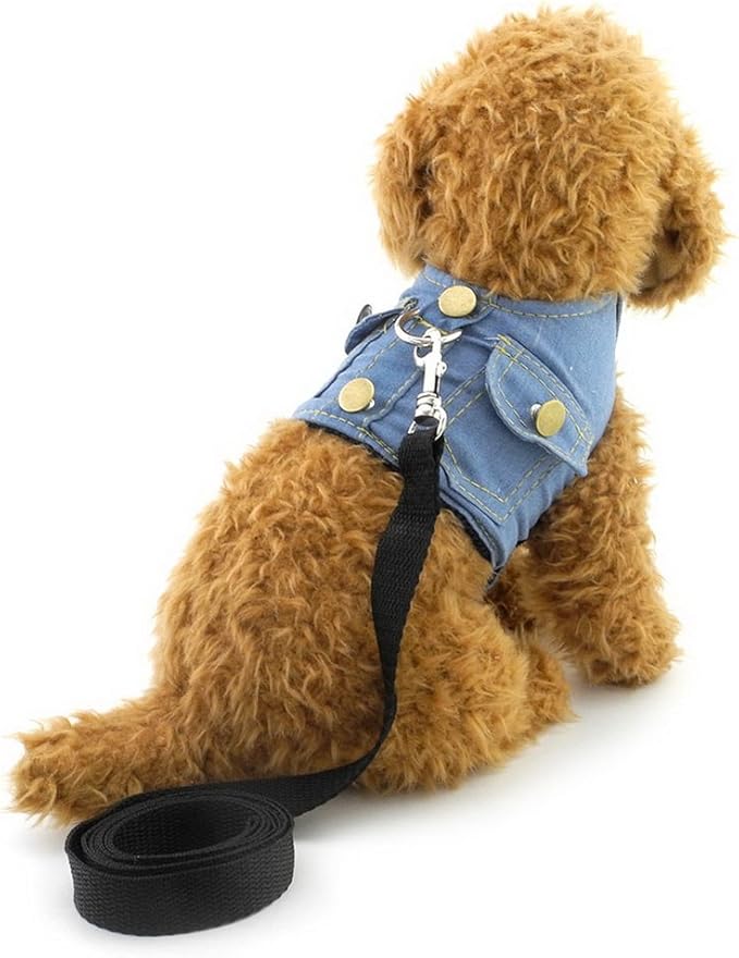 SMALLLEE_LUCKY_STORE Small Dog Cat Denim Jacket Vest with D-Ring Puppy Harness and Leash Set Escape Proof No Choke Soft Mesh Padded,Light Blue M