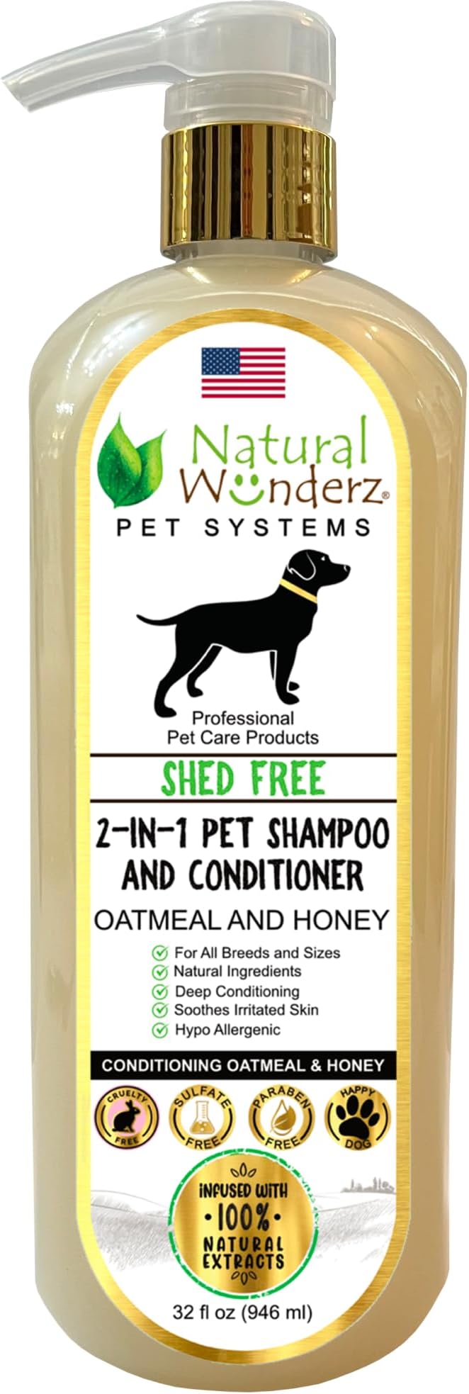 Pet Shampoo & Conditioner, Shed Free 2-in-1, Oatmeal and Honey, Hypoallergenic, Vegan, Natural Extract, for Healthy Skin & Coat, 32 Fl Oz, for Dry Itchy Skin, All Breeds, by Natural Wunderz