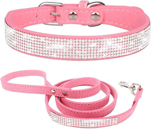 Bling Small Dog Collar Leash Set, Puppy Collar with Rhinestone Crystal Diamond Glitter Female Girls Cat Collars for XXS XS Small Medium Large Dogs Chihuahua Poodle Yorkshire (Pink M)