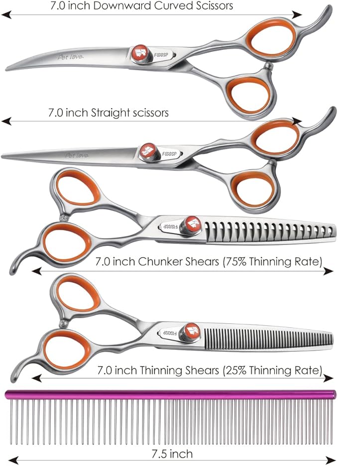 Professional Dog Grooming Scissors Kit Japan 440C Stainless Steel 7 in Curved Thinning Straight Chunker Shears and Comb 5pcs Set for Grooming Dogs Cat Pet