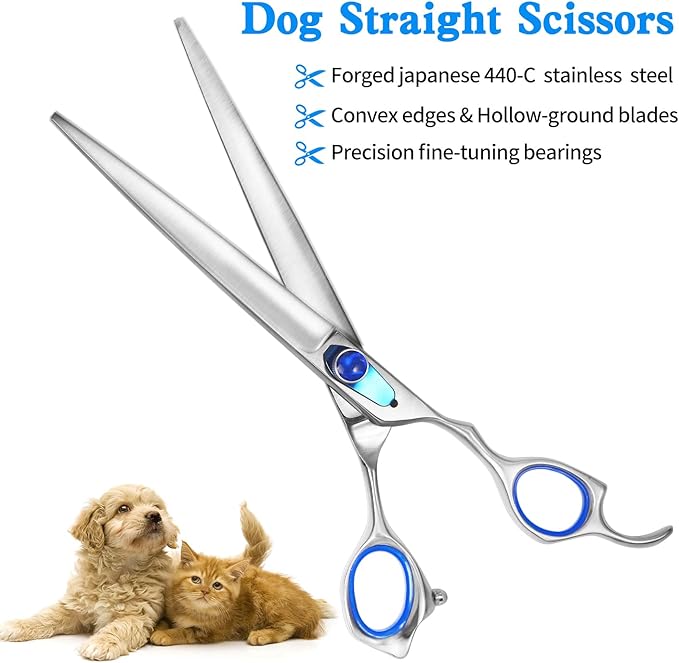 7.5'' Straight Dog Grooming Scissors Professional Dog Shears for Grooming Japan 440C Stainless Steel Sharp Smooth Heavy Duty Pet Grooming Scissors