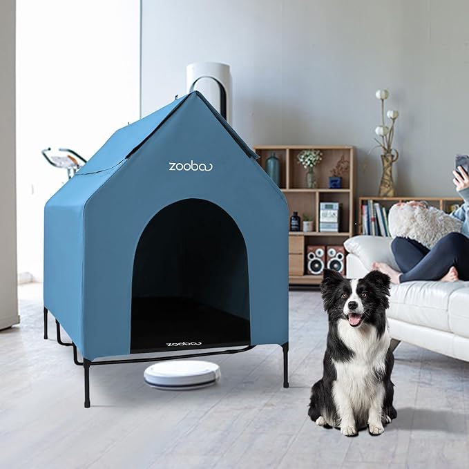 X-Large 48" Dog House - Weatherproof PVC, Elevated Cooling Bed, Easy to Clean (Blue)