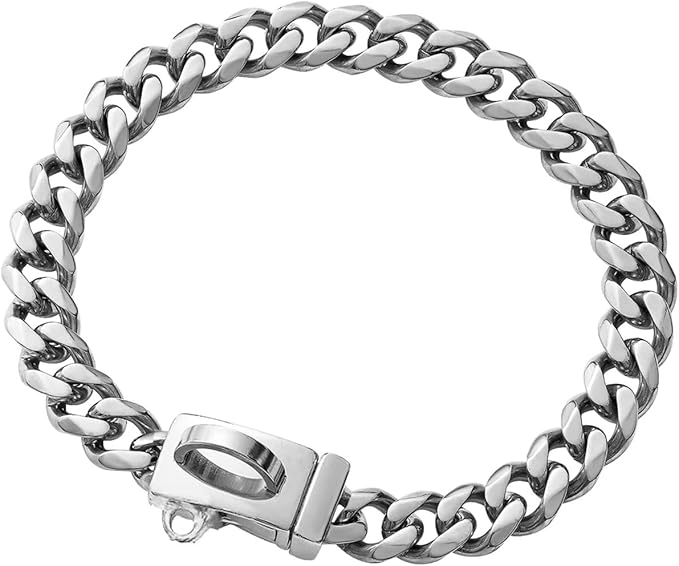 Strong Stainless Steel Silver Cuban Link Chain Dog Collar,Pet Necklace Walking Collar for Small Medium Dogs(Length - 16'')
