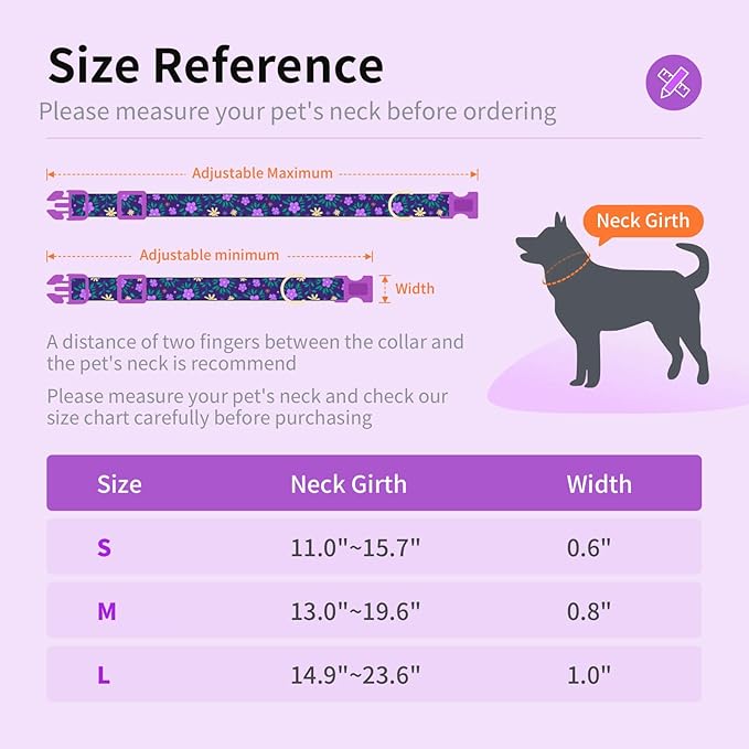 Fashionable Dog Collar with Bow Tie for Small Medium Large Dogs,Cute and Soft Puppy Collar for Male Female Dogs,Durable Cotton Dog Collar with Adjustable Buckle Butterfly Pattern (L, Purple Flower)