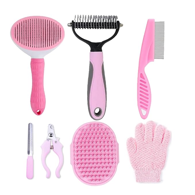 7 PCS Dog Grooming Kits,Pet Shedding Brush，Pet Self-Cleaning Brush with Pet Nail Clipper, Flea Comb and Shampoo Bath Brush