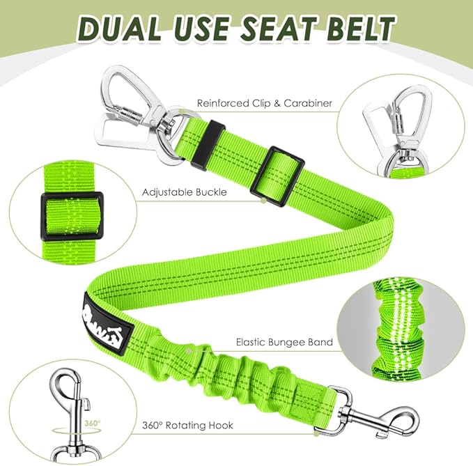 Lukovee Dog Seat Belt for Car, Adjustable Dog Car Harness for Large Medium Small Dogs, Soft Padded & Breathable Mesh Dog Seatbelt with Car Strap and Carabiner(Lime Green Double Clip,Medium)