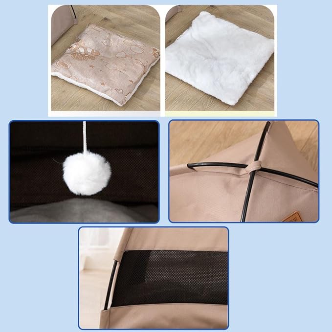 Cute Cat Teepee Cave, Cat Tent Foldable Indoor Outdoor with Thick Mat,Puppy Bed Tent,Bunny Pet Tent Teepee,Portable Dog House Teepee Tent, Cat Bed,Dog Bed Tent,Puppy Bunny,Pet Tent Teepee (O, S)