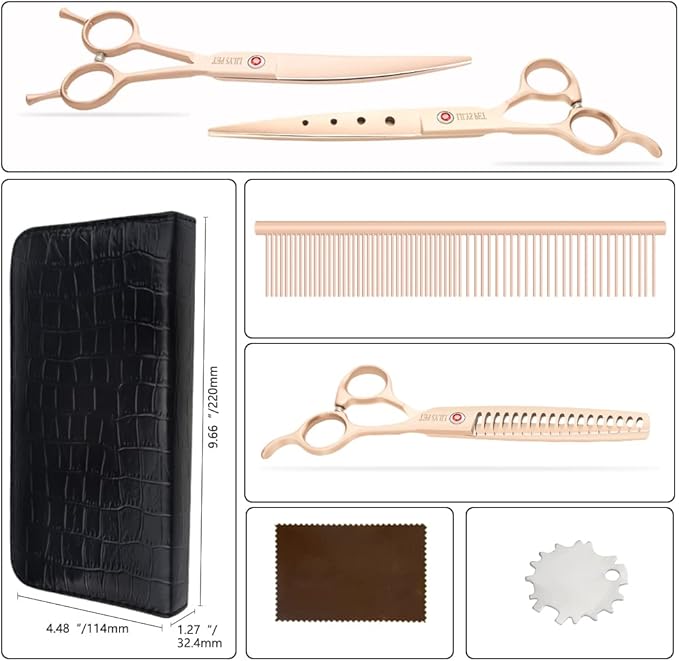 LILYS PET Professional PET DOG Grooming scissors Cutting&Curved&Thinning shears,Round Hole Design, Shark Teeth Thinning scissor (7", Gold)