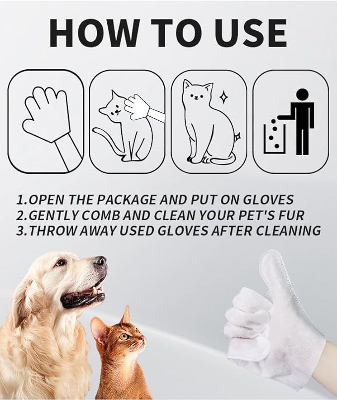 Pet Glove Wipes, Rinse Free, Cleaning & Deodorizing Bathing, Wipes for Animals Dogs, Cats, Pet Cleaning Gloves Wipes for Daily Care, Traveling, Hypoallergenic, 6Pcs, 1 Pack