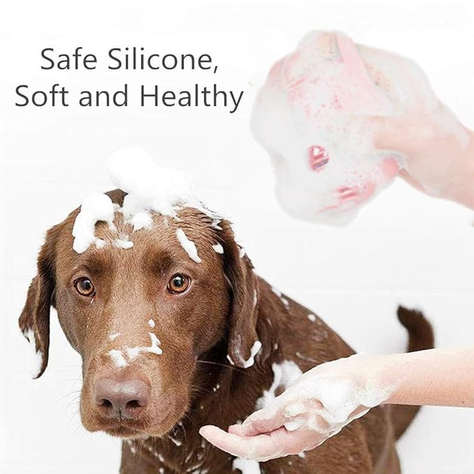 Portable Dog Bath Brush - Pet Massage Brush Shampoo Dispenser, Soft Silicone Brush Rubber Bristle for Dogs and Cats Shower Grooming (Pink)