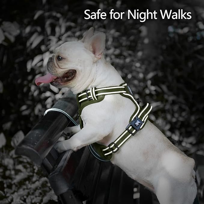 PoyPet No Pull Dog Harness, No Choke Reflective Dog Vest, Adjustable Pet Harnesses with Easy Control Padded Handle for Small Medium Large Dogs(Military Green,S)
