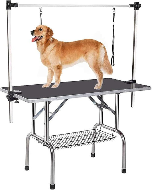 PULLAFUN 36" Professional Dog Pet Grooming Table Heavy Duty Adjustable with Overhead Arm, Two Grooming Noose Mesh Tray (Black, 46inch)