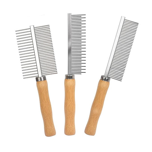 Wooden Handle Dog Cat Grooming Comb, Groom and Remove Debris and Mats for Long and Short Haired Pets (3in1)