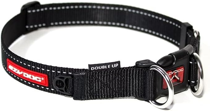 EzyDog Double Up Premium Nylon Dog Collar with Reflective Stitching - Double D-Rings for Superior Strength, Safety, and Comfortability - Non-Rusting and Includes an ID Attachment (Medium, Black)