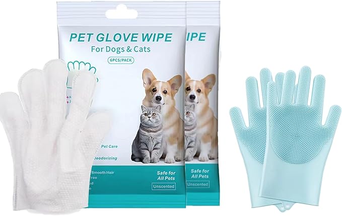 Pet Grooming Glove Wipes Combination,Pet Bathing Wipes for Dogs & Cats, Cleaning & Deodorizing Grooming Gloves, Nourish Fur Glove Wipes for Daily Care and Traveling, Rinse Free.12PCS, white