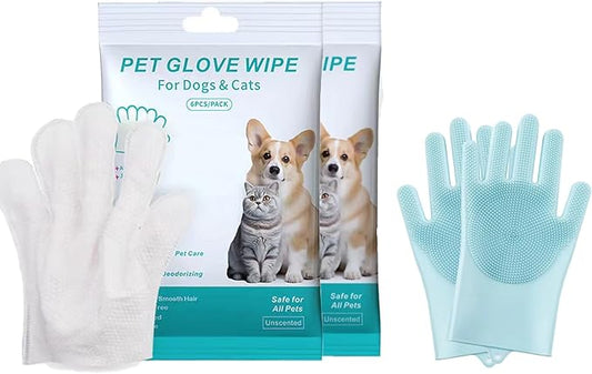 Pet Grooming Glove Wipes Combination,Pet Bathing Wipes for Dogs & Cats, Cleaning & Deodorizing Grooming Gloves, Nourish Fur Glove Wipes for Daily Care and Traveling, Rinse Free.12PCS, white