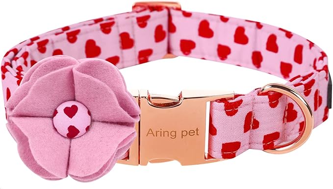 ARING PET Valentine's Day Dog Collar-Girl Dog Collar with Felt Flower, Cute Pink Heart Dog Collars Pet Collars with Metal Buckle