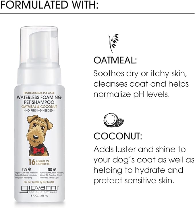 GIOVANNI Professional Foaming Waterless Pet Shampoo - Oatmeal & Coconut Helps Neutralize Odors, Cleanses, Silkens, Controls Static, Freshens Fur - 8 oz (Pack of 2)