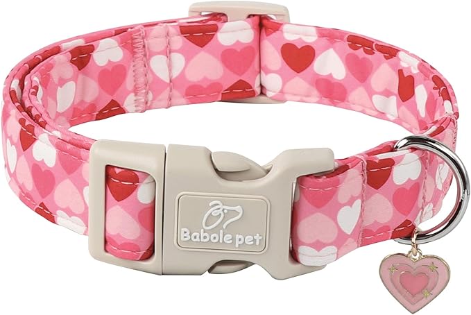 Valentine's Day Dog Collar - Cute Pink Valentines Dog Collar Girl Boy Durable Adjustable Love Heart Pattern Charm Dog Collars for Small Medium Large Dogs S