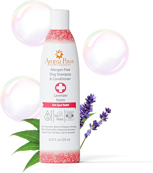 Dog Shampoo and Conditioner - Tearless Shampoo for Cleansing, Grooming, and Conditioning - Hot Spot Treatment Shampoo for Dogs and Puppies - Lavender and Neem 13.5 oz