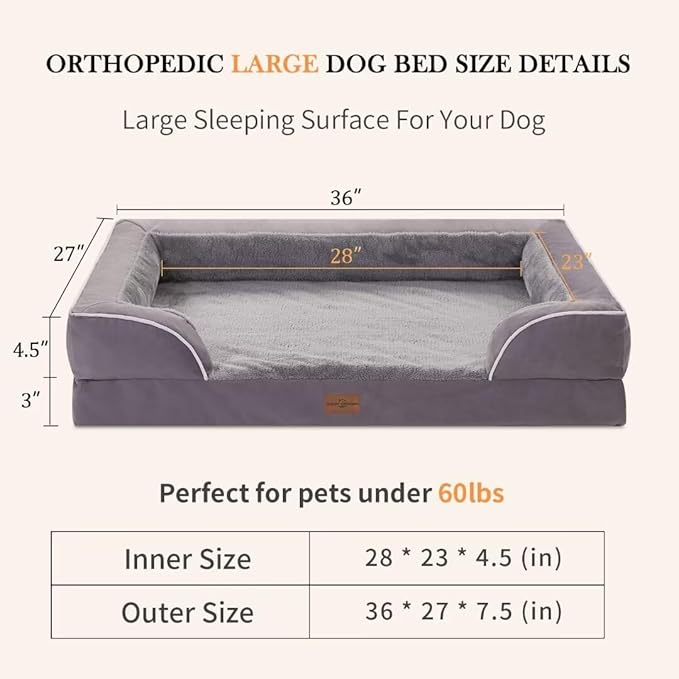 Large Dog Beds Waterproof Comfy Pet Bed for Large Dogs Sofa, Orthopedic Foam Dog Beds with Washable Removable Cover & Non-Slip Bottom(Large,Purple)