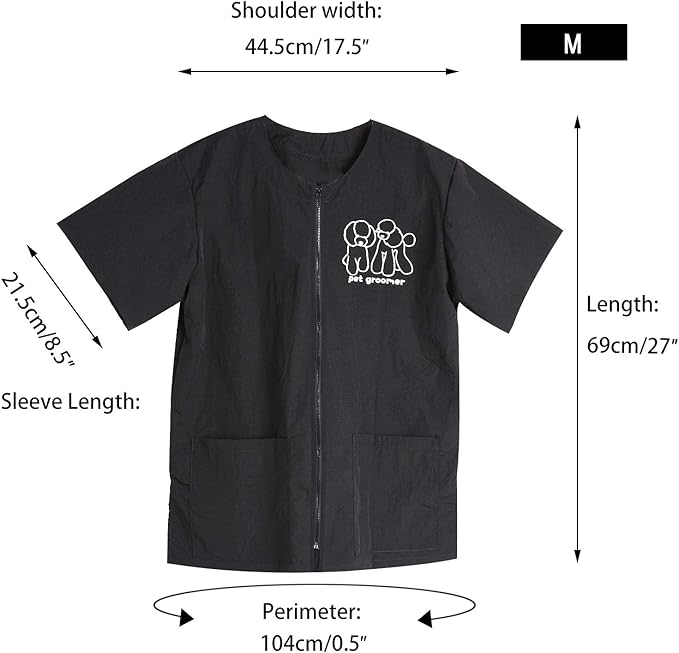 Noverlife Short Sleeves Pet Grooming Work Clothes with Full Zipper, M Size, Splash Proof Anti-Static Pet Beautician Smock, Dog Cat Groomer Cosmetologist Uniforms